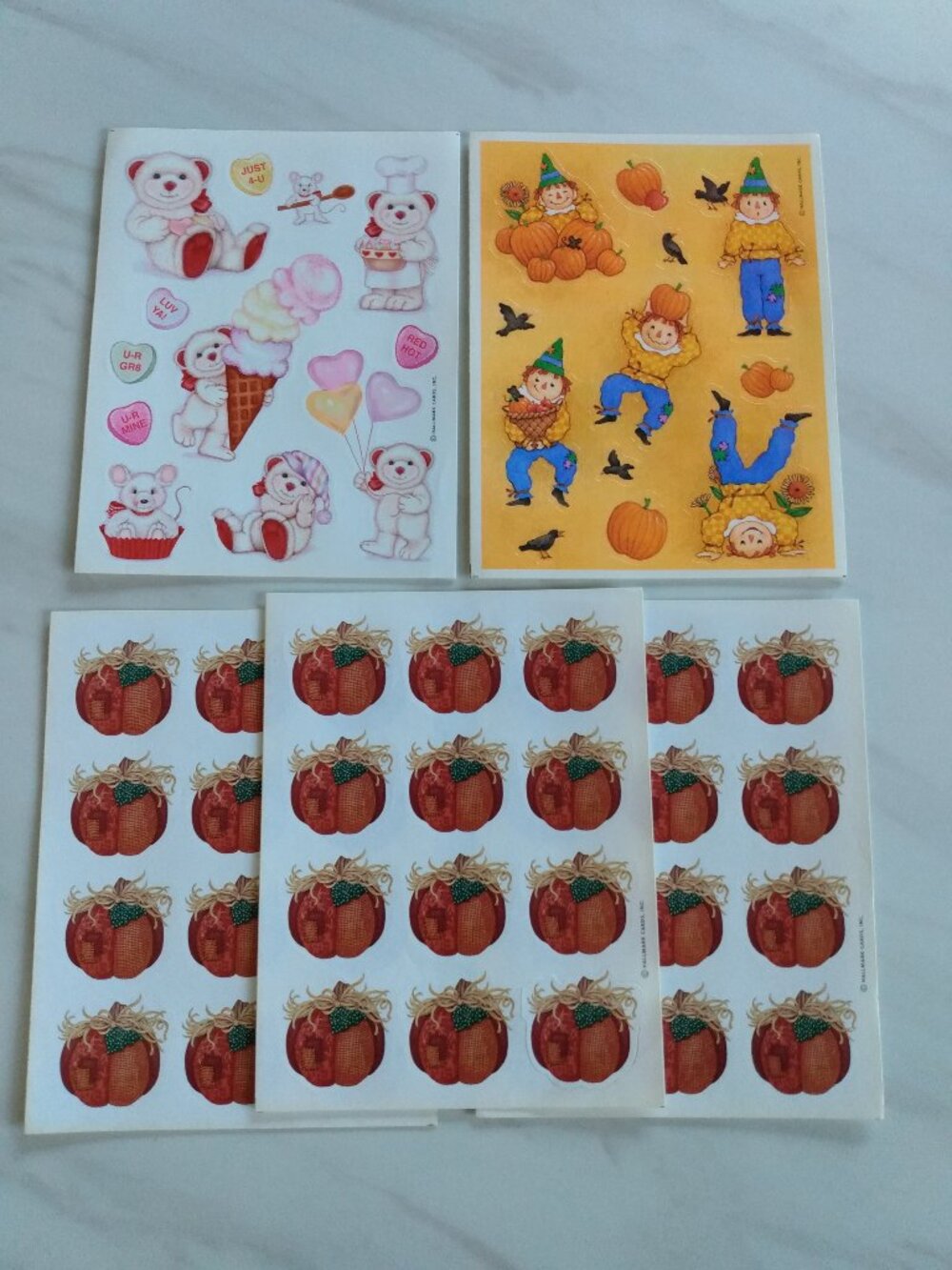 Vintage 90s Halloween Stickers Hallmark Valentine's Day, Pumpkins and Scarecrows